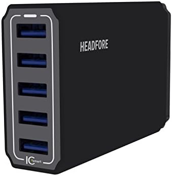Headfore 40 Watts 5V/8A Output 5-Port Family-Sized Wall Charger Multi Port USB Travel Charger Portable Battery Charger for iPhone iPad Samsung Smartphone Galaxy Tab Android Phone Google Nexus MP3 Player Bluetooth Speaker Headset - Black