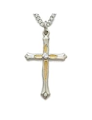 .925 Sterling Silver Cross Pendant Necklace in a 2-Tone Centered CZ Stone Budded Ends Design Christian Jewelry Gift Boxed w/Chain Necklace 18" Length Gift Boxed