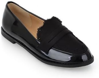 WeenFashion Women's Closed Round Toe Patent Leather PU Flats with Ruffles, Black, 9.5 B(M) US