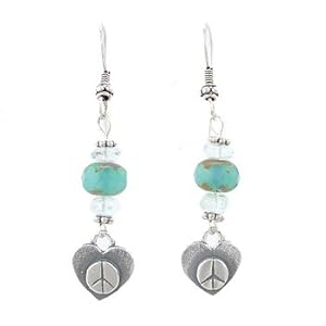 Heart Shaped Peace Symbol Earrings in Sterling Silver with Blue Topaz and Czech Glass, #8174