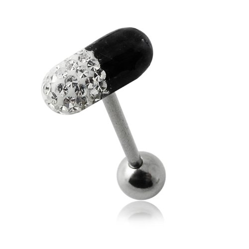 Black Epoxy Multi Crystal Stone Capsule Tongue Ring. 14Gx3/4(1.6x19mm) 316L Surgical Steel Barbell with 6x12MM Crystal Stone Capsule and 6MM Surgical Steel Ball.