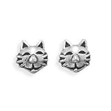 Kitty Cat Post Stud Earrings Antiqued Sterling Silver