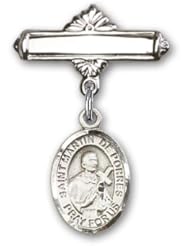 Sterling Silver Baby Badge with St. Martin de Porres Charm and Polished Badge Pin
