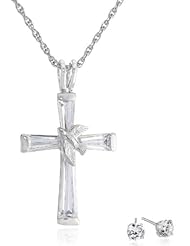 Sterling Silver Cubic Zirconia Cross Pendant Necklace and Earrings Set