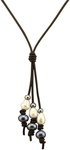 19'' Long Peacock White Pearl and Black Worn Leather Cord Personalized Beaded Necklace Handmade for Gift