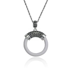 Sterling Silver Marcasite and White Agate Open Circle Pendant, 18 by
