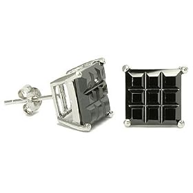 Basket Set Invisible Black Princess Cut Cubic Zirconia CZ Silver Stud Earrings