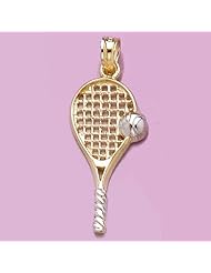 14k Gold Sports Necklace Charm Pendant, Tennis Racquet With White Gold Ball & Gr
