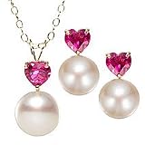 14k Cultured Pearl and Synthetic Ruby Earring and Pendant Set