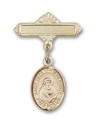 Gold Filled Baby Badge with St. Bede the Venerable Charm and Polished Badge Pin