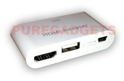 Puregadgets Apple Ipad and Iphone 4 4G HDMI HD TV Adapter Kit & 2 in 1 Camera Connection Kit for Apple Ipad 16 32 GB 3G (compatible with all models) Iphone 4 Ipod Touch with USB and Mini USB slots in one unit
