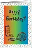 Happy Birthday, Tennis Racket and Balls Card