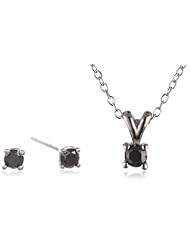 Sterling Silver Black Diamond Earrings and Pendant Necklace Set (0.5 Cttw), 18"