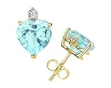 5mm Heart Aquamarine and Diamond Stud Earrings in 14K Yellow Gold