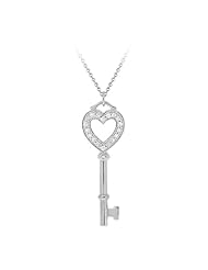 Sterling Silver Key and Cubic Zirconia Heart Top Pendant Necklace with Rolo Chain, 18"