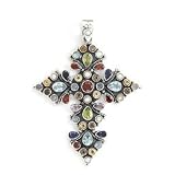 Large Gemstone Multistone Cross Pendant Sterling Silver