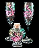 Flamingo Frolic Design - Hand Painted - Large Heart Bottle & 2 matching Flutes Set