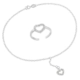 Sterling Silver Toe Ring and Chain Anklet with Cubic Zirconia Heart Drop, 10