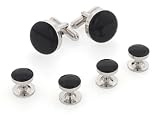 Silver plated and black enamel cufflinks and shirt studs formal set with presentation box. Made in the USA