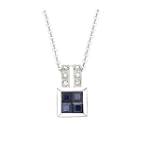 14K White Gold Square Blue Sapphire & Diamond Pendant & Chain