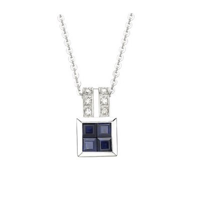 14K White Gold Square Blue Sapphire & Diamond Pendant & Chain