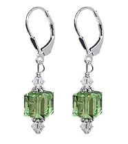 Green Cube Swarovski Crystal Long Drop Earrings