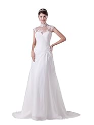 A-line Spring Summer Fall High-Neck Turtleneck Ruched Applique Lace Cap Sleeves Chiffon Wedding Dress  with a Brush/Sweep Train 