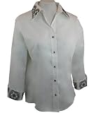 Christine Alexander White Cuffed Sleeve Button Front Necklace Blouse Accented With Black Swarovski Crystals and Silver Studs - Crystal Floral