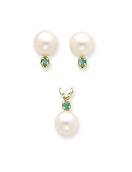 14k 0.26ct Yellow Gold 7-7.5mm FW Cult. Pearl/Emerald Stud Earrings/Pendant Set