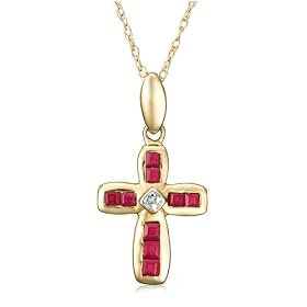 10k Yellow Gold Lab Created Ruby Cross Pendant w/ Diamond Accent by 