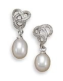 Rhodium Plated Love Knot Earrings with Cultured Freshwater Pearl Drop