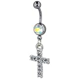Pugster Belly Button Rings Iridescent White Austrian Crystal Celtic Cross Dangle Belly Navel Ring Body Jewelry