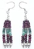 Bead Earring Sterling Silver & Ruby and Emrald Gemstone Hand Engraved Indian Style 2.5  (erg001)