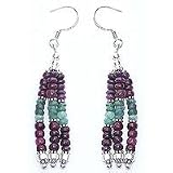 Bead Earring Sterling Silver & Ruby and Emrald Gemstone Hand Engraved Indian Style 2.5 inches (erg001)