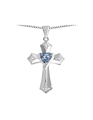 Original Star K (tm) Heart Cross Love Pendant with Heart Shape Simulated Aquamarine in 925 Sterling Silver