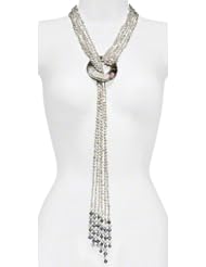 HinsonGayle "Cleopatra" Handcrafted 6-Strand Ultra-Luster White Cultured Pearl & Honed Shell Lariat Necklace (Glamour Collection, 35")