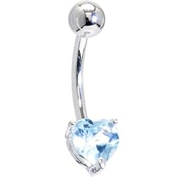 Solid 14kt White Gold Genuine Blue Topaz Heart Solitaire Belly Ring