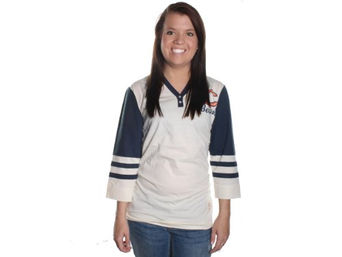 Mitchell & Ness Chicago Bears Ladies Shutout Premium Henley T-Shirt - Natural-Navy Blue (Large)
