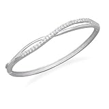 Crossover Design Polished and CZ Hinged Bangle Bracelet