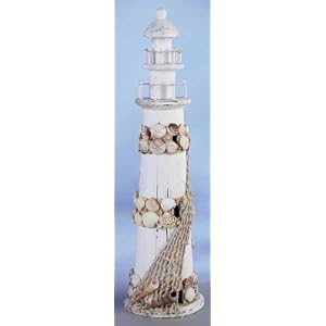 White Decorative Wooden Lighthouse with Seashells & Fishing Net
