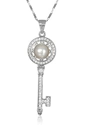 Freshwater Cultured Pearl and Cubic Zirconia Key Sterling Silver Pendant Necklace