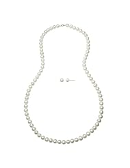 5-6mm White Freshwater Pearl Necklace and Button Stud Earring Set with .925 Sterling Silver in Gift Box