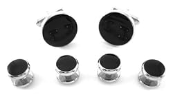 Tuxedo Cufflinks and Studs - Jet Black Round with Silver Trim - Cufflinks/Studs