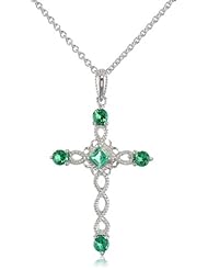 Sterling Silver Square Round Created Emerald Cross Pendant Necklace, 18"