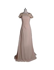 Short Sleeves Chiffon Bateau Neck Fitted Beaded Prom Dress  with a Brush/Sweep Train 