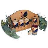 VINTAGE ROOSTER WOODEN SPICE RACK W/ 5 JAR