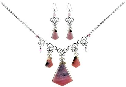 Stunning Peruvian Pink Quartz Semi-Precious Large Pendant Necklace Set with Matching Opal Earrings