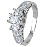 Steling Silver Three Stone Engagement Ring With Baguette Cubic Zirconias and Side stones