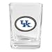Square shot with metal applique featuring a photo-domed logo. Shot is approx 2 3/8IN tall. Applique is approx 1 inch across.