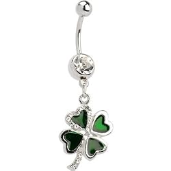 Crystalline Gem Lucky 4 Leaf Clover Dangle Belly Ring